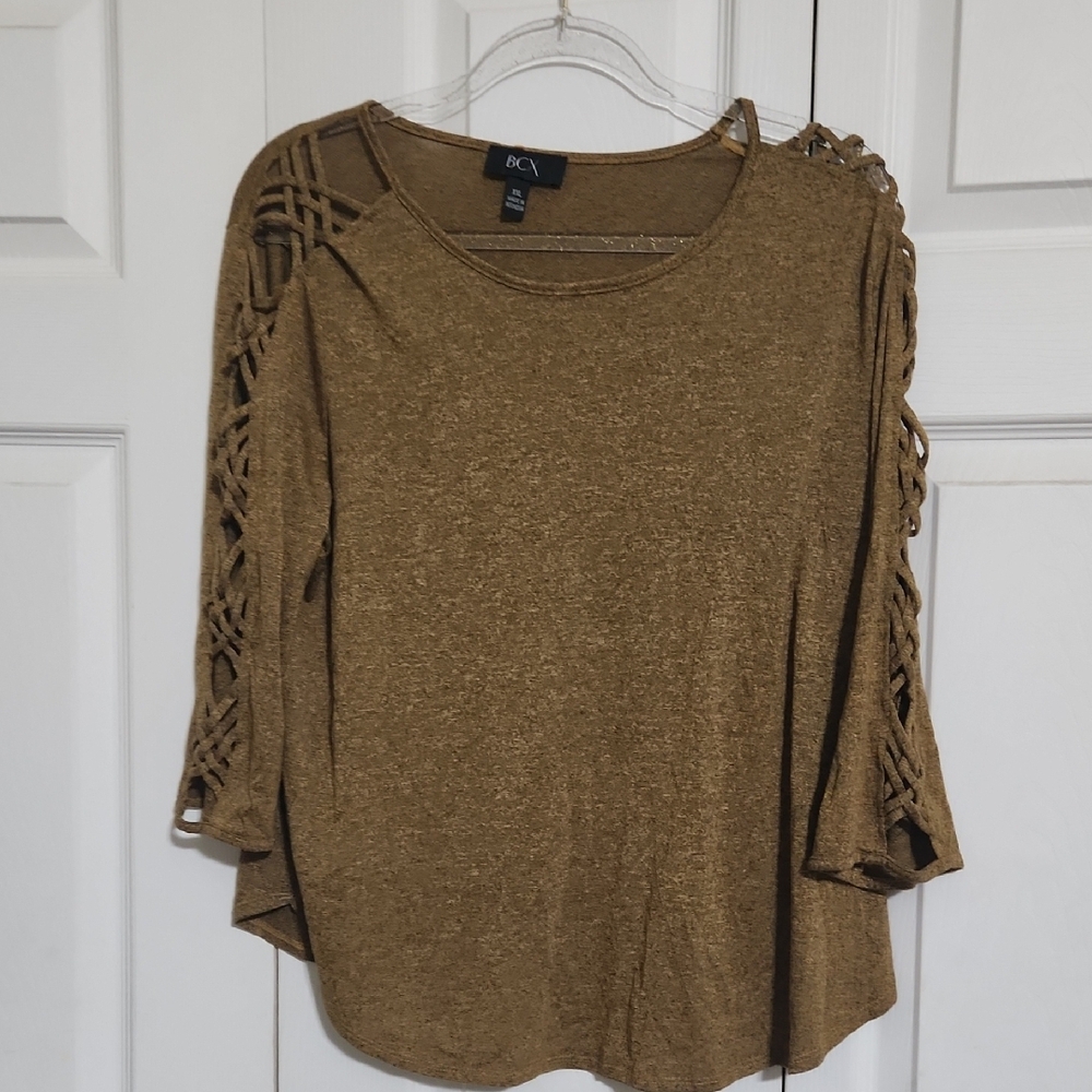 BCX Brown Knit Top with Braided Sleeves